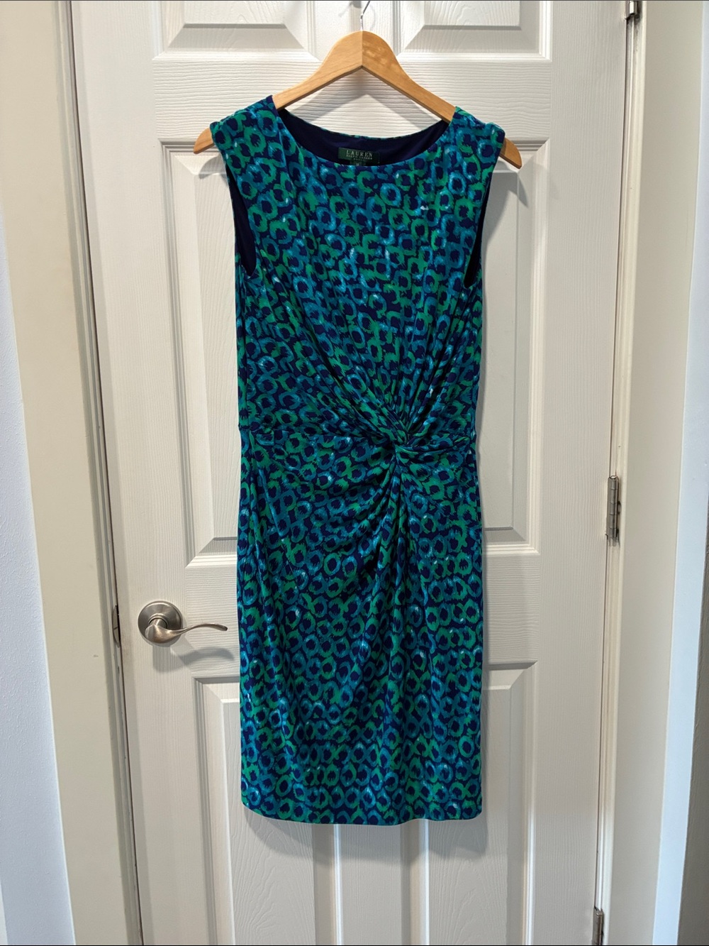 Ralph Lauren Teal & Navy Twist-Front Midi Sheath Dress